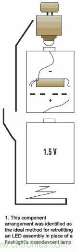 增壓電路在有兩節(jié)電池的手電筒中將代替的一節(jié)電池，LED裝置則代替白熾燈