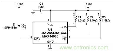 圖1：MAX44000典型電路，包括LED