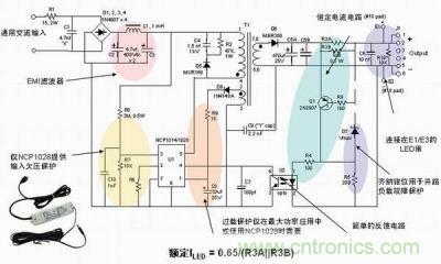 安森美半導(dǎo)體離線式第二代LED驅(qū)動(dòng)器NCP1014/1028的應(yīng)用示意圖。