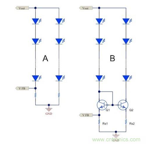 電流鏡 (B) 可針對簡單電阻器電流調(diào)節(jié) (A) 提供各種優(yōu)勢。
