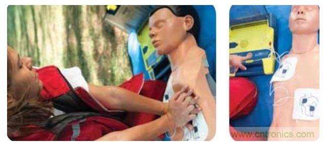 胸部按壓CPR(左圖)迫使血液循環(huán)，為大腦及其它生命器官供血，直到AED重啟心臟(右圖)。