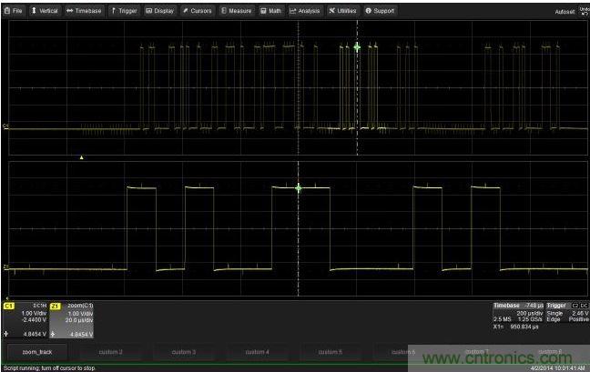 使用CustomDSO運(yùn)行VB腳本&ldquo;zoom_Track.lss&rdquo;。當(dāng)腳本運(yùn)行時，縮放波形的中心將跟蹤水平的光標(biāo)絕對位置。從圖中可以看出，光標(biāo)將永遠(yuǎn)位于縮放波形Z1的中心