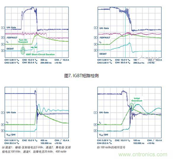 過(guò)流關(guān)斷時(shí)序延遲（通道1：柵極-發(fā)射極電壓10 V/div；通道2：來(lái)自 控制器的PWM信號(hào)5 V/div；通道3：低電平有效跳變信號(hào)5 V/div；100 ns/div）