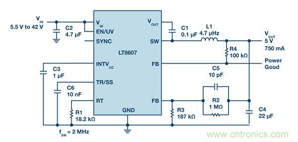 具2.5 μA靜態(tài)電流和超低EMI的42 V單片式同步降壓型穩(wěn)壓器